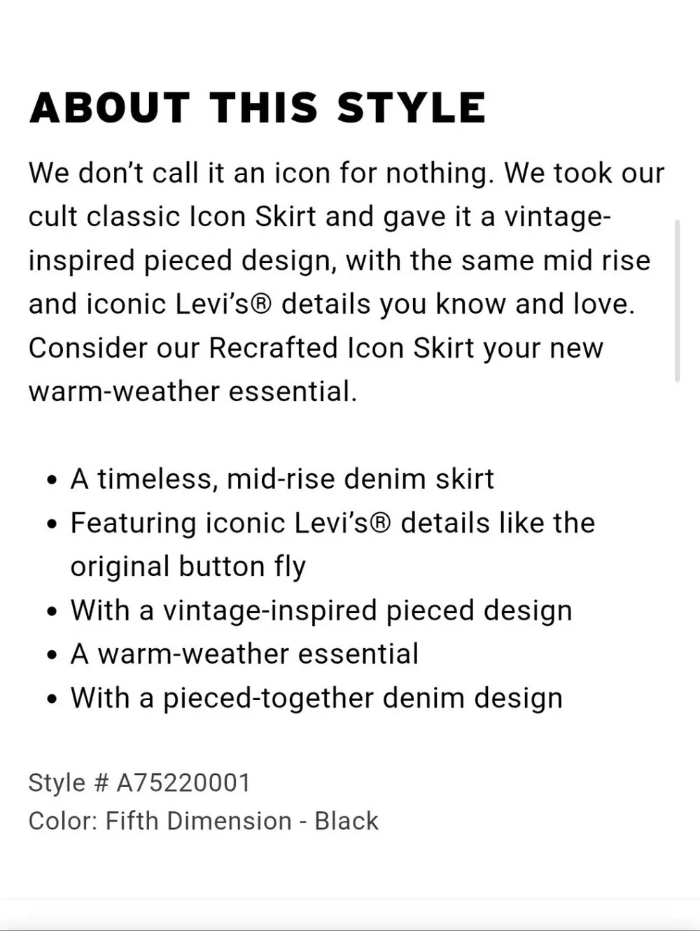 NWT Levi's Recrafted Icon Skirt-Fifth Dimension Black